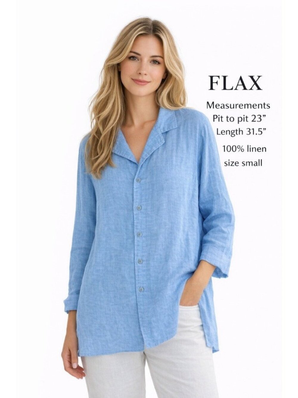 FLAX Womens Button Front Tunic shirt top Sz S Linen Blue Lagenlook minimalist